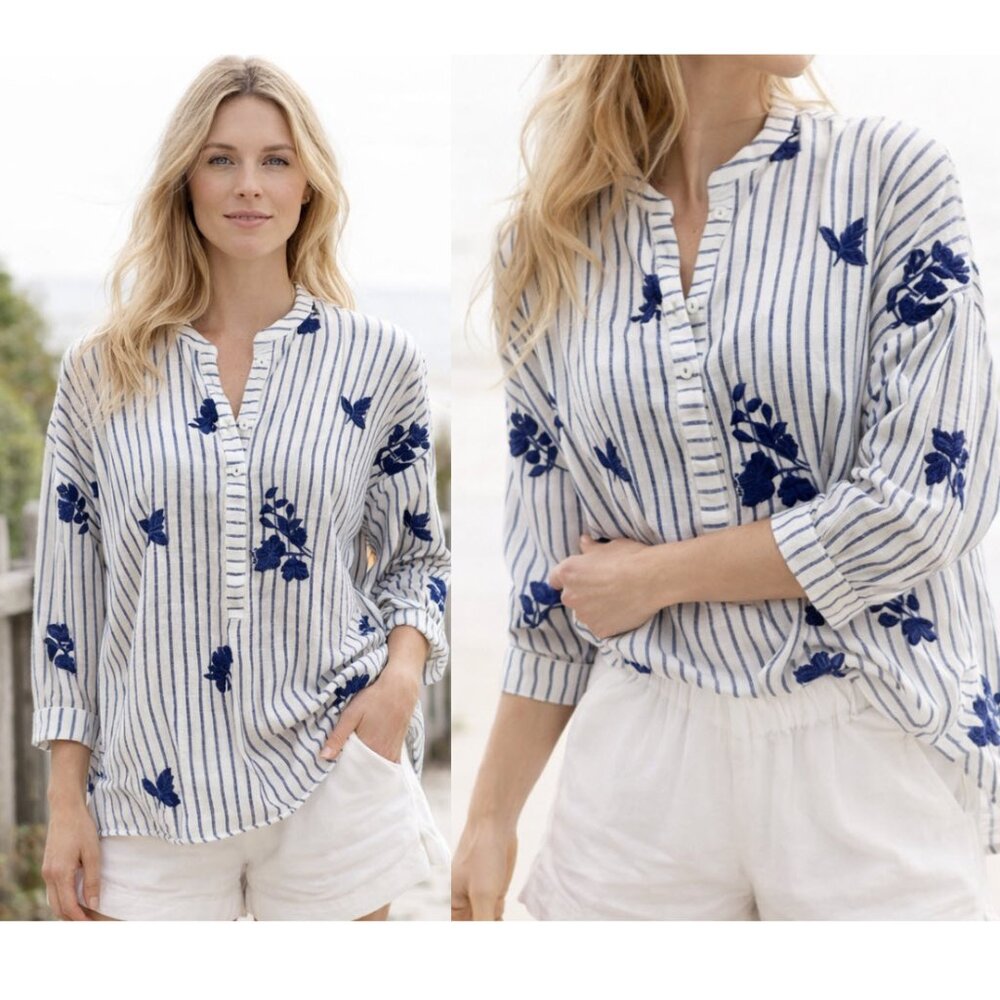 Limelight Linen Striped Embroidered Floral Button Placket Shirt Large White Navy